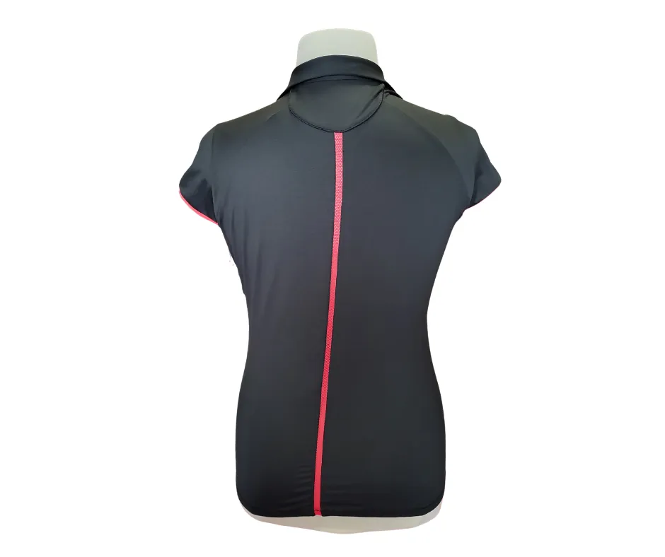 Annika by Cutter & Buck Women's 5 Snap Cap Sleeve Black Golf Polo w/Neon Coral Trim Size L MSP$75