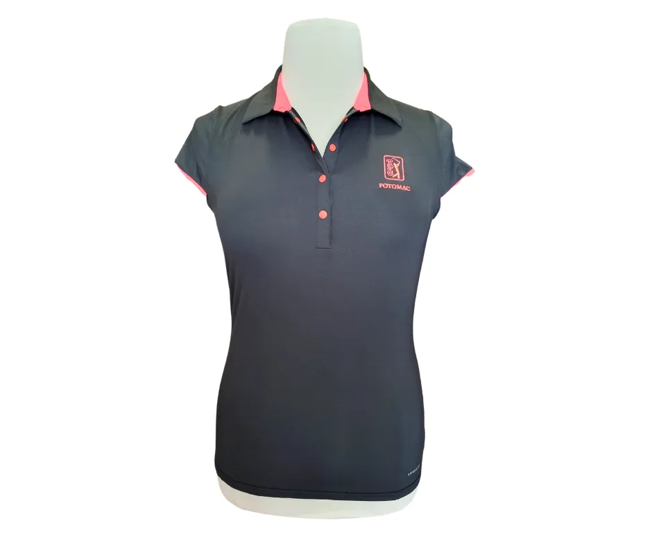 Annika by Cutter & Buck Women's 5 Snap Cap Sleeve Black Golf Polo w/Neon Coral Trim Size L MSP$75