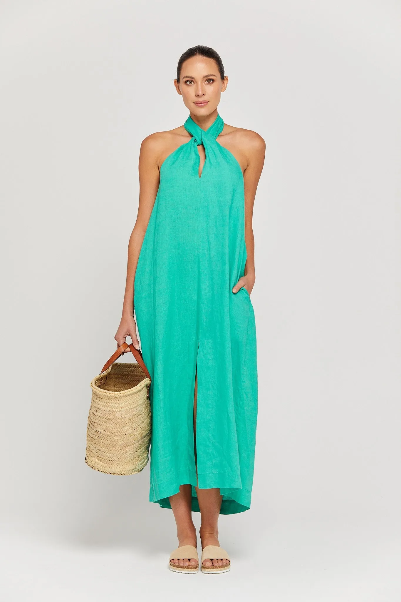 BY RIDLEY Womens Zariyah Linen Dress - Emerald