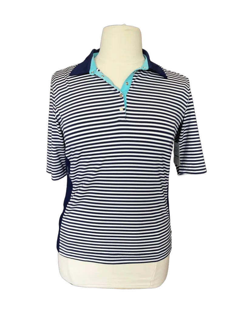 Callaway Women's 5 Snap Blue & White Striped 3/4 Golf Polo Size L