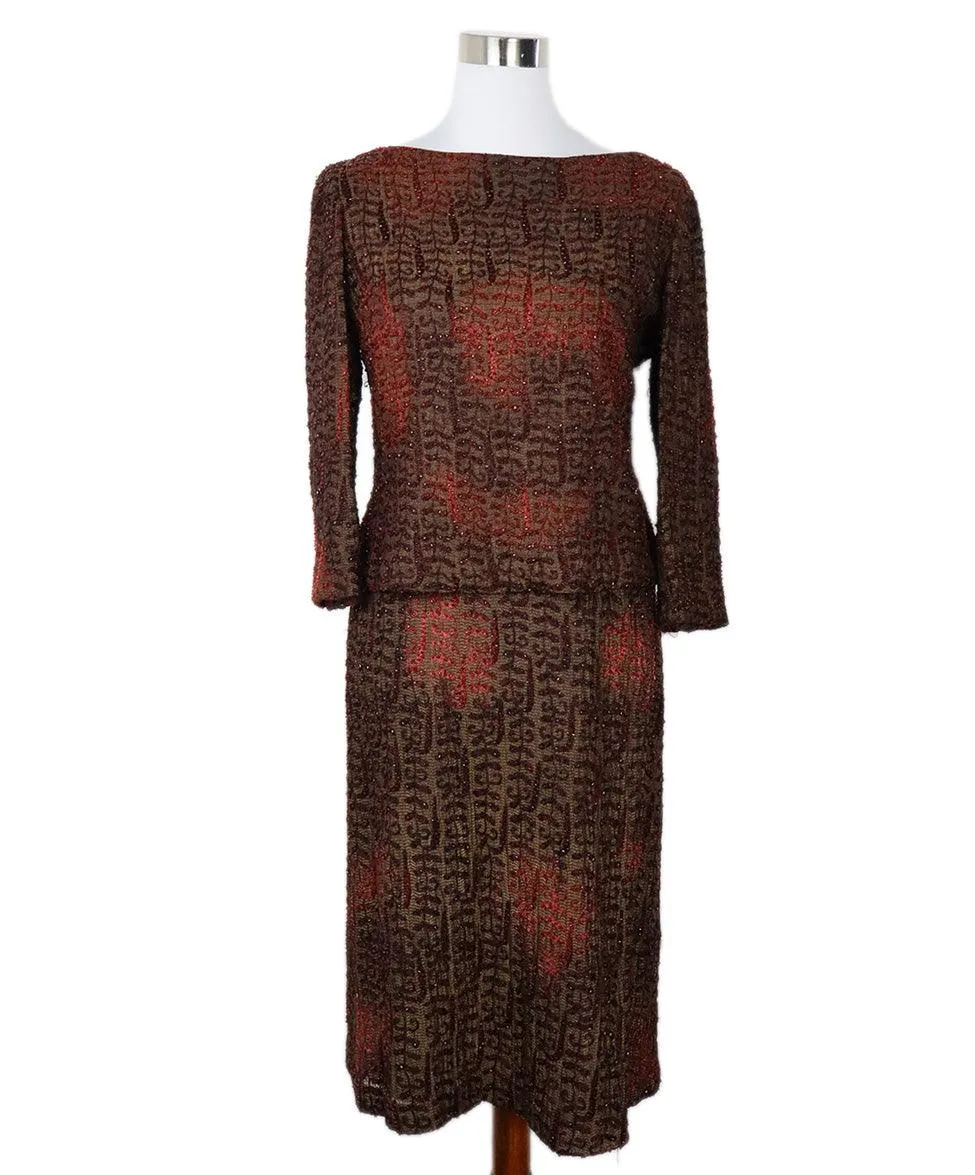 Carmen Marc Valvo Brown & Red Beaded Skirt Set sz 6