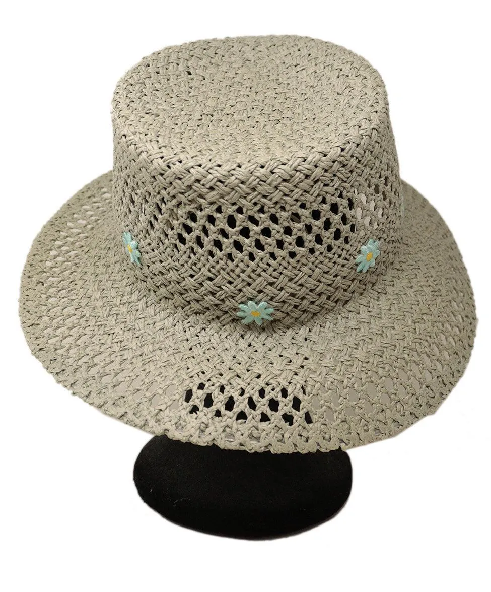 Carolyn Rowan Grey Straw Hat w/ Blue Embroidery