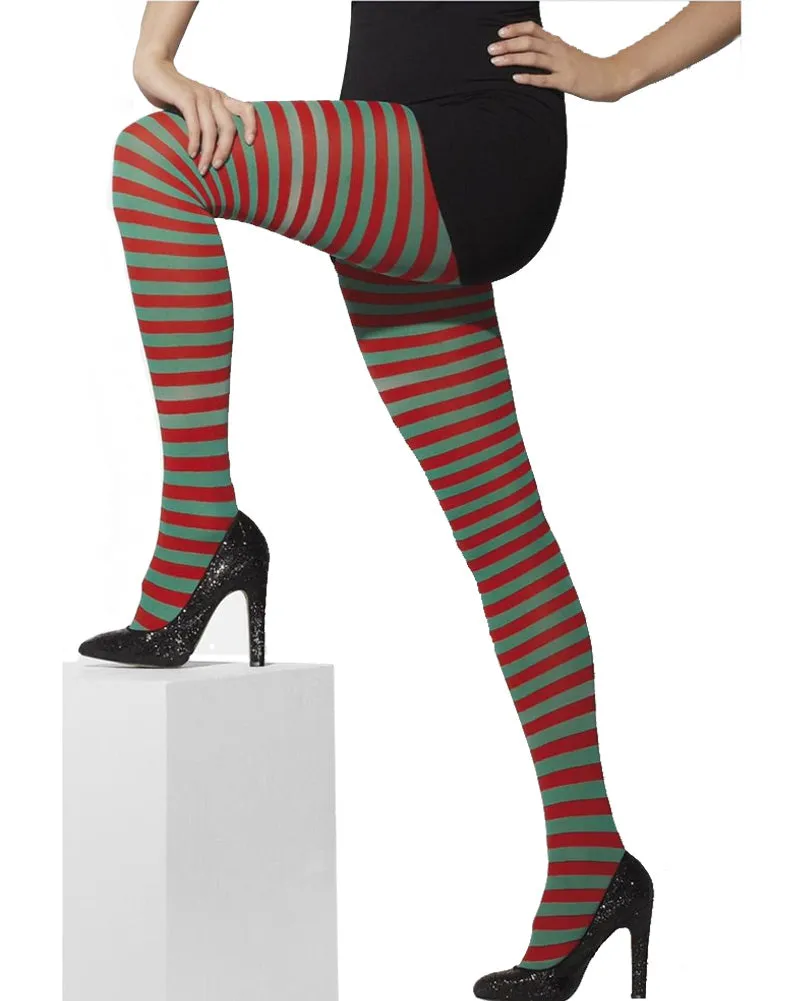 Christmas Red and Green Striped Opaque Tights