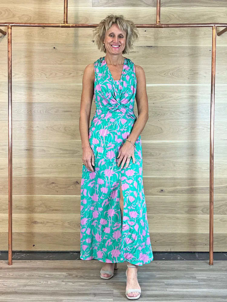 Closet London A-Line Twist Neck Dress Green & Pink
