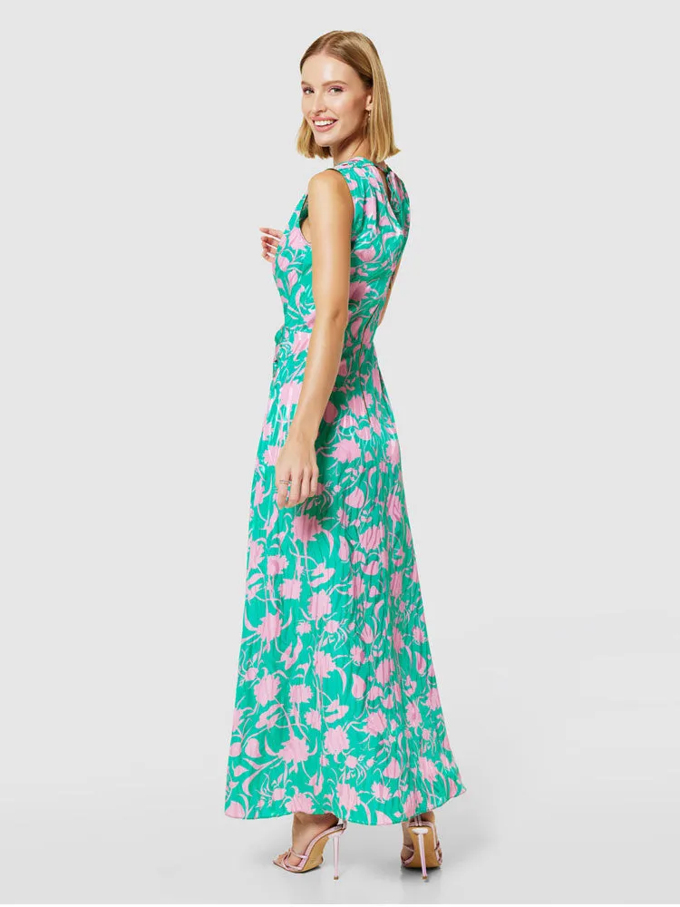 Closet London A-Line Twist Neck Dress Green & Pink