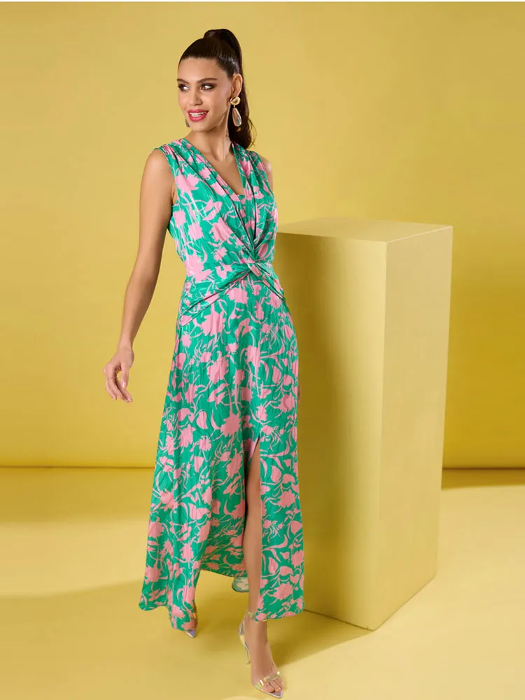 Closet London A-Line Twist Neck Dress Green & Pink