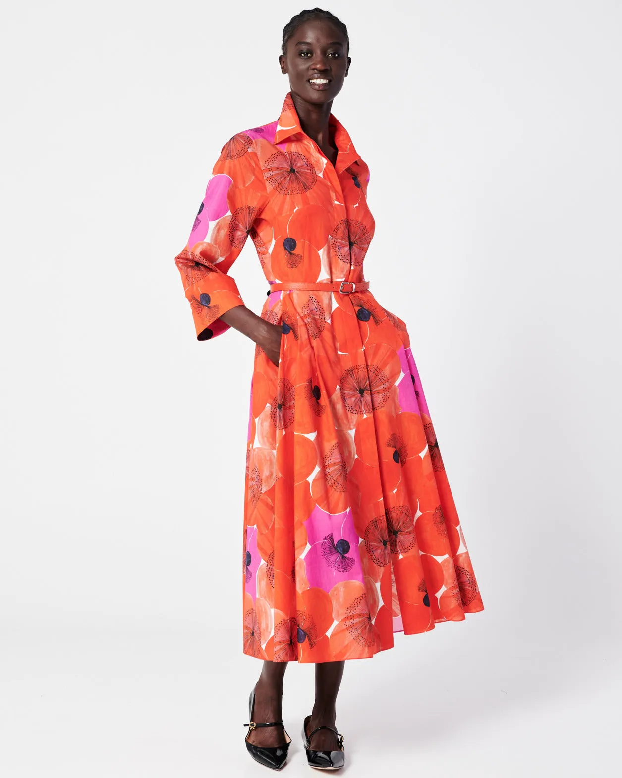 Cotton Midi Shirt Dress in Poppy Print 