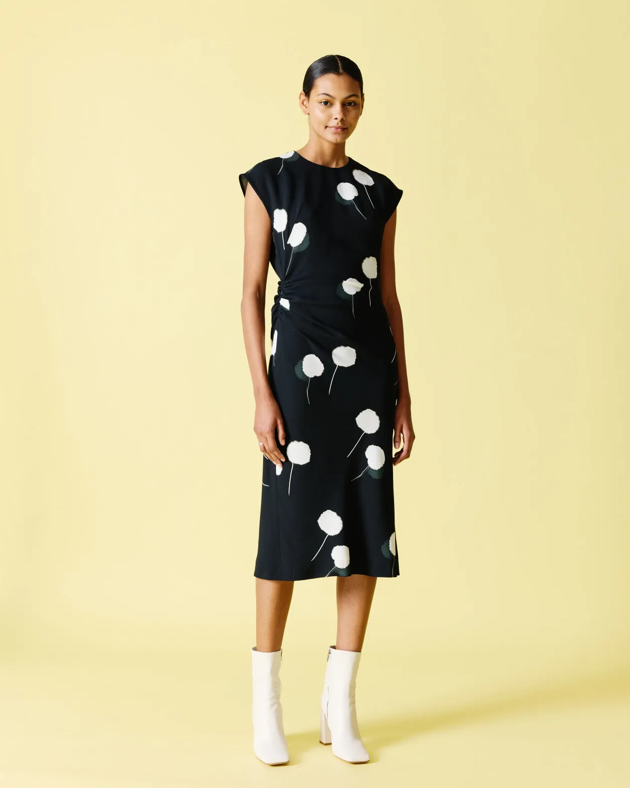 Dandelion Print Midi Dress with Removable Bow 