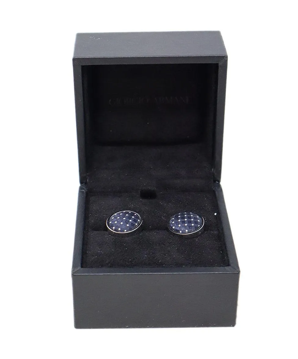 Giorgio Armani Navy & White Silk Silver Cuff Links
