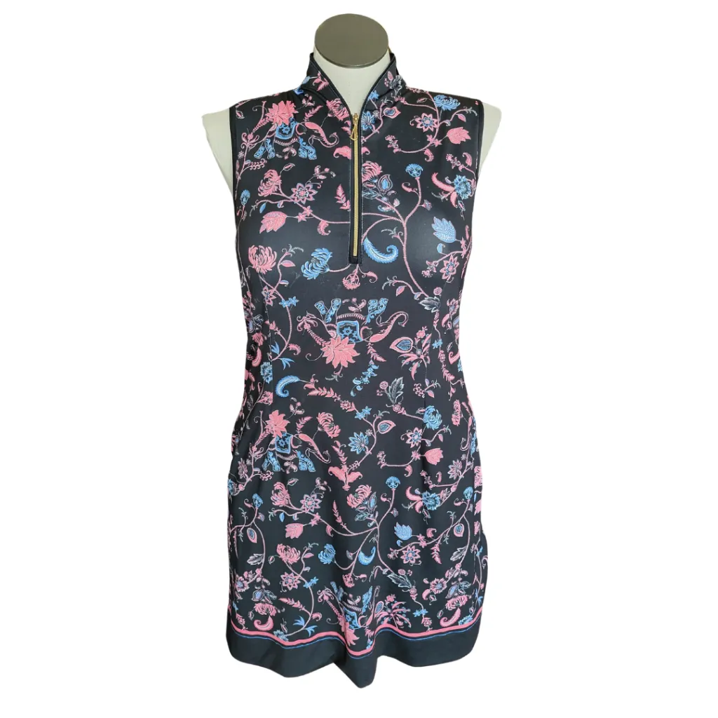 Greg Norman Play Dry Elephant Floral Black Sleeveless Dress Size L