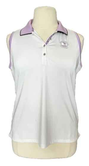 Greg Norman White Sleeveless Golf Polo w/ Lavender Trim, Logo  & Collar Size XL. MSP$65