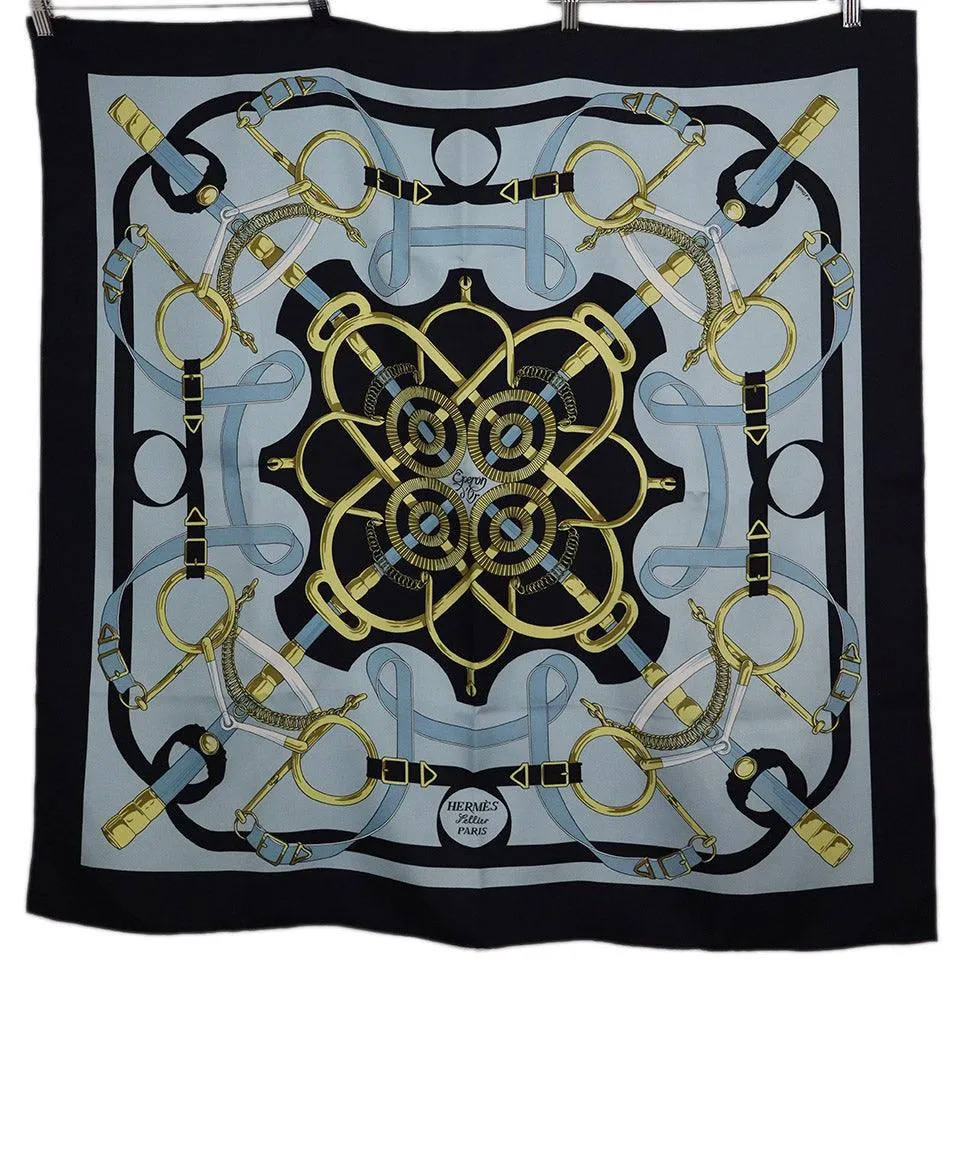 Hermes Blue & Gold Eperon d'or Silk Scarf
