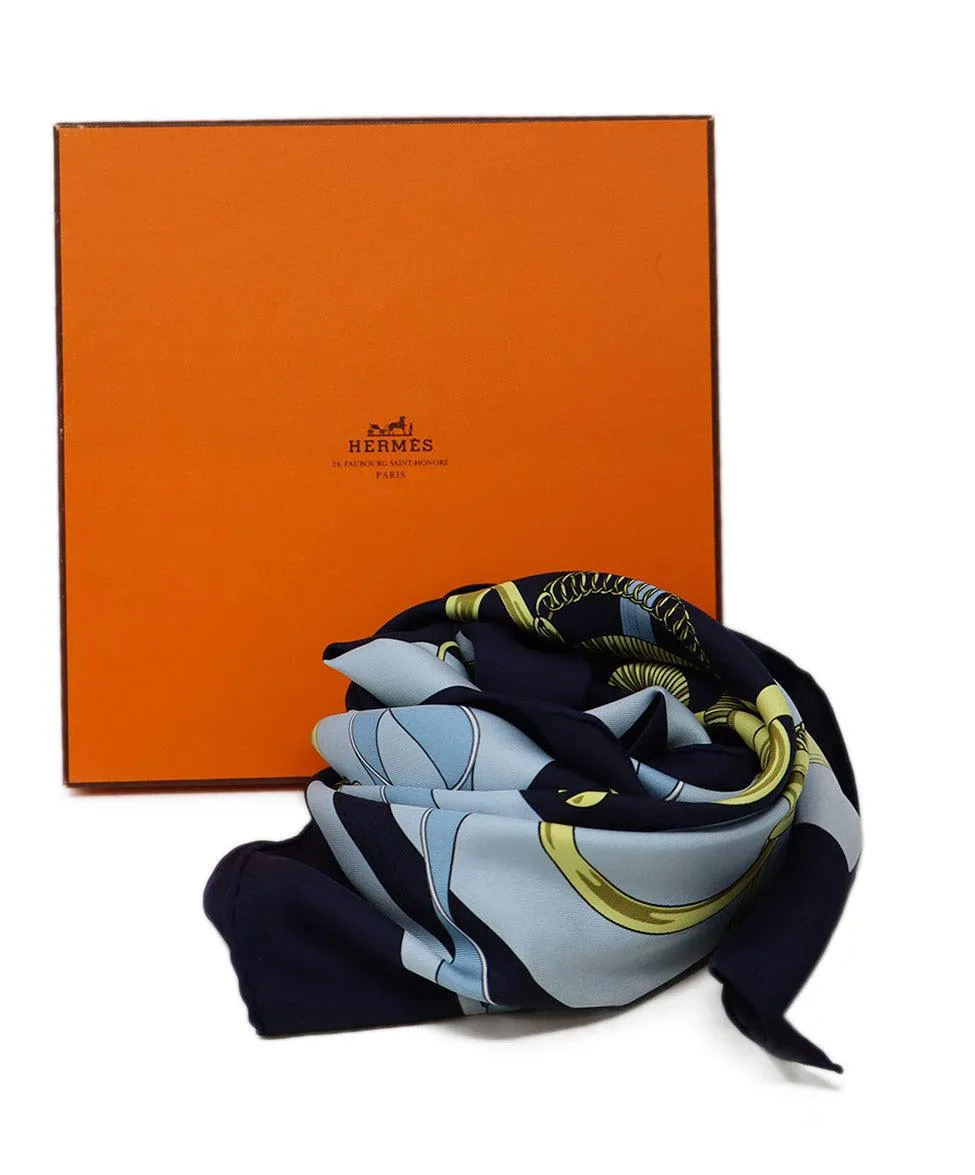Hermes Blue & Gold Eperon d'or Silk Scarf