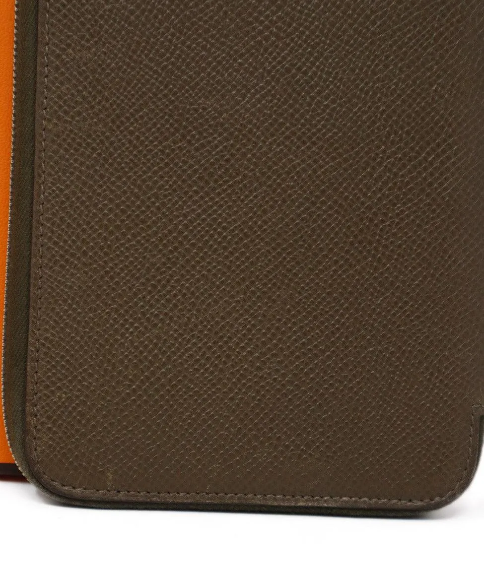 Hermes Taupe Leather Zip Around Wallet