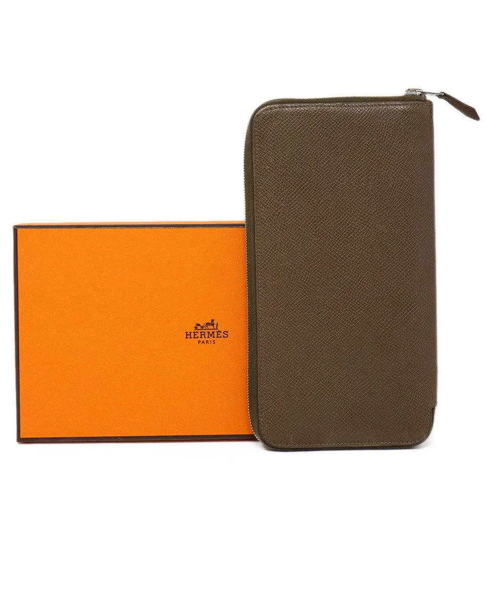 Hermes Taupe Leather Zip Around Wallet