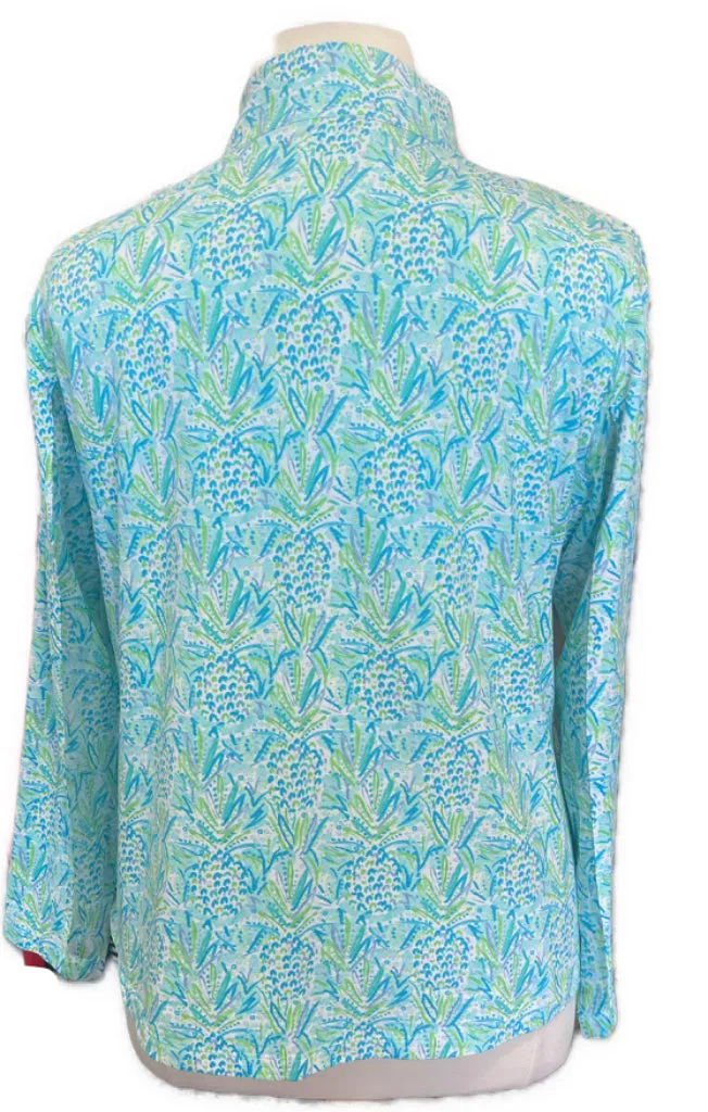 Ibkul Blue and Green Pineapple Print 1/4 Zip Pullover Size XXL