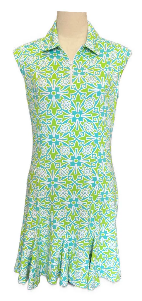 Ibkul Teal, Green & White Patterned Sleeveless Women's Golf Dress Size S MSP$128