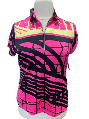 Jamie Sadock Simplicity Pink, Black & Yellow Print Golf Top Size L