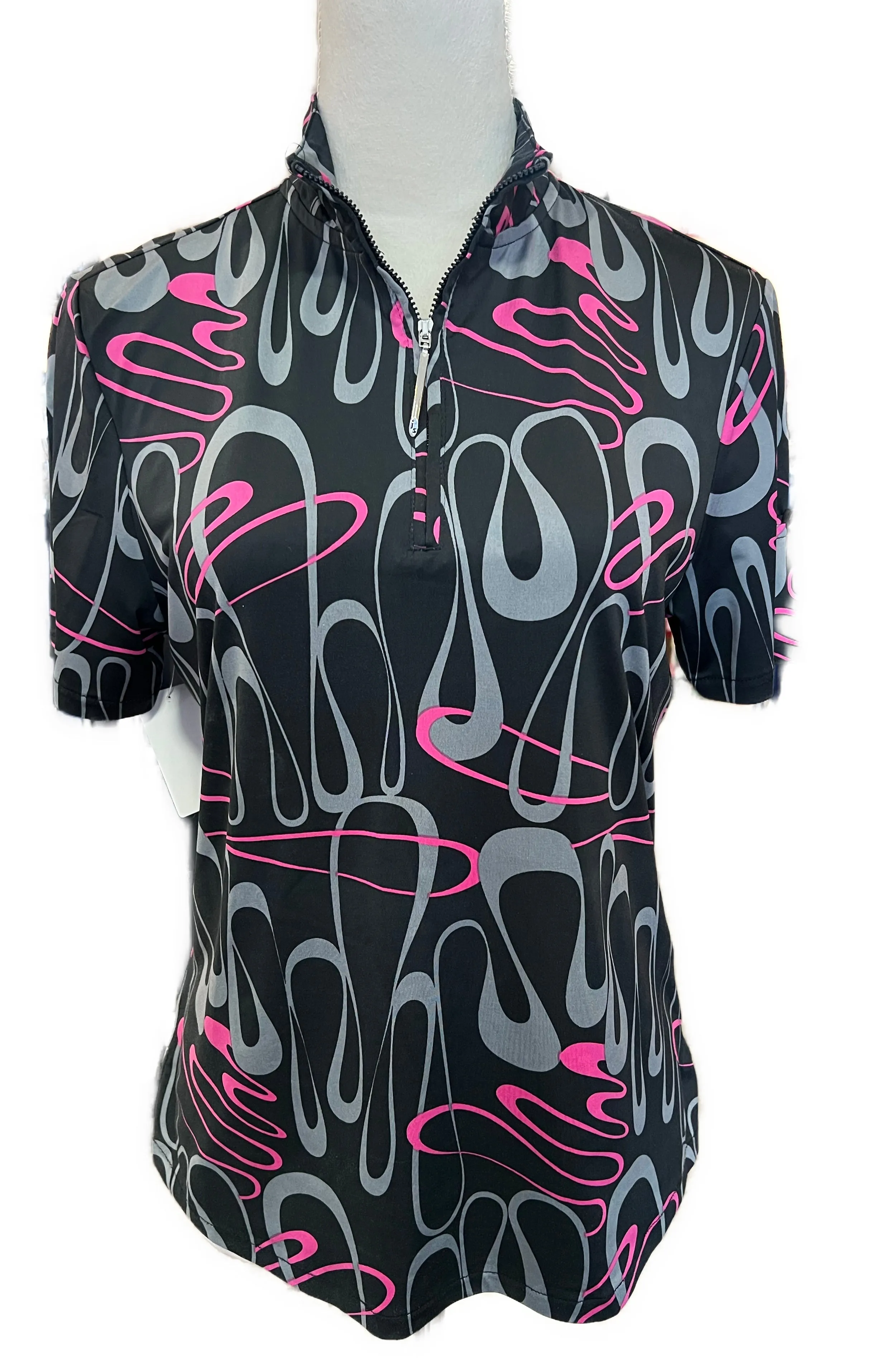 Jamie Sadock Women's Black & Pink Print Zip Mock Golf Top Sie M