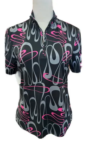 Jamie Sadock Women's Black & Pink Print Zip Mock Golf Top Sie M