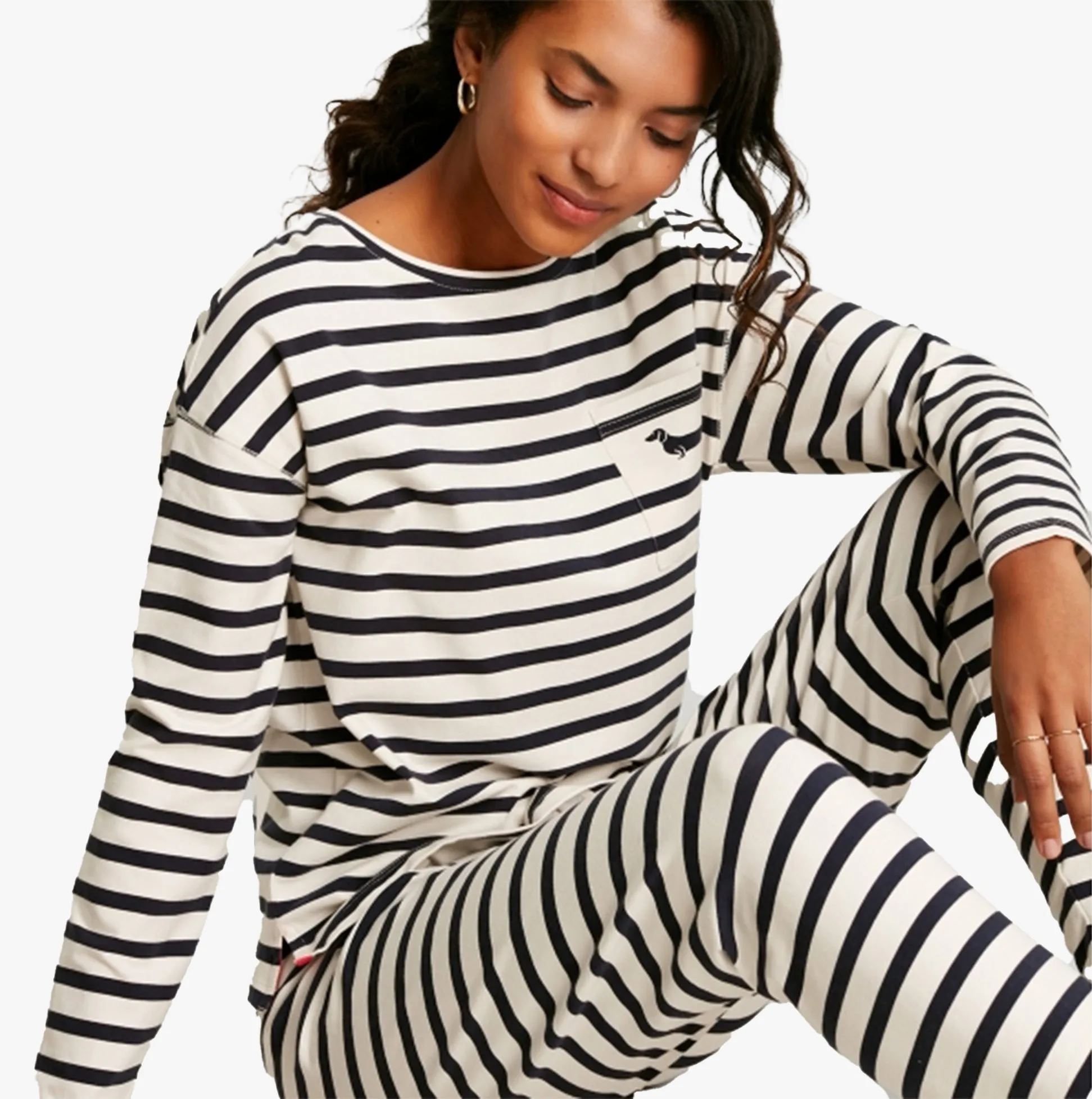 Joules DREAMLEY Womens Cotton Pyjamas Cream Sausage Dog Stripe