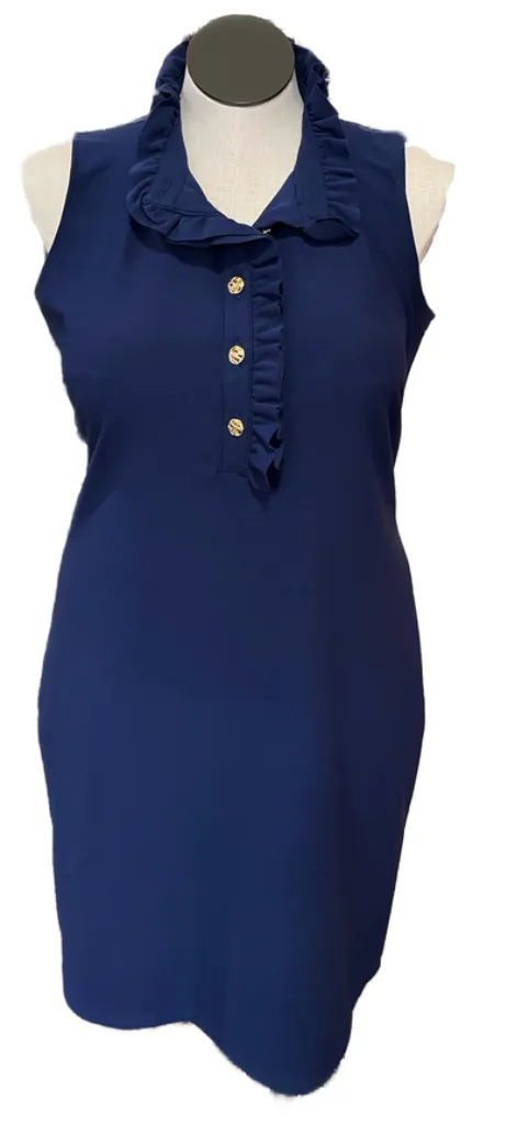 Katherine Way 5 Gold Button Ruffled Mock Neck Sleeveless Navy Dress Size L MSP$180
