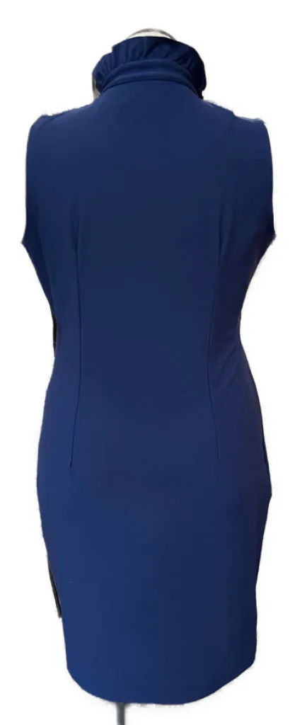 Katherine Way 5 Gold Button Ruffled Mock Neck Sleeveless Navy Dress Size L MSP$180