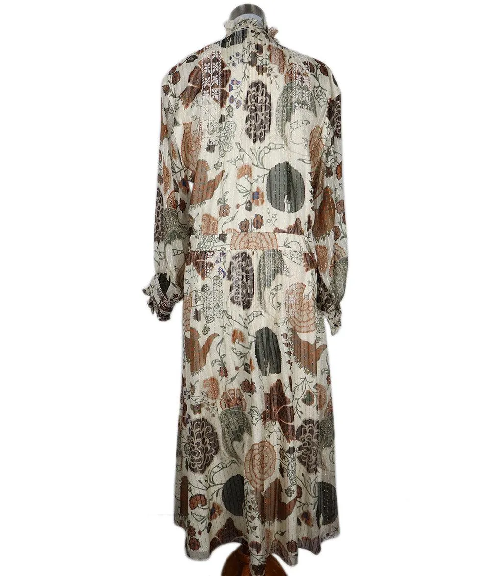 Lafayette Ivory Green & Rust Print Silk Lurex Dress sz 6
