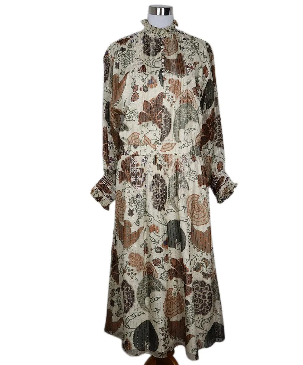 Lafayette Ivory Green & Rust Print Silk Lurex Dress sz 6