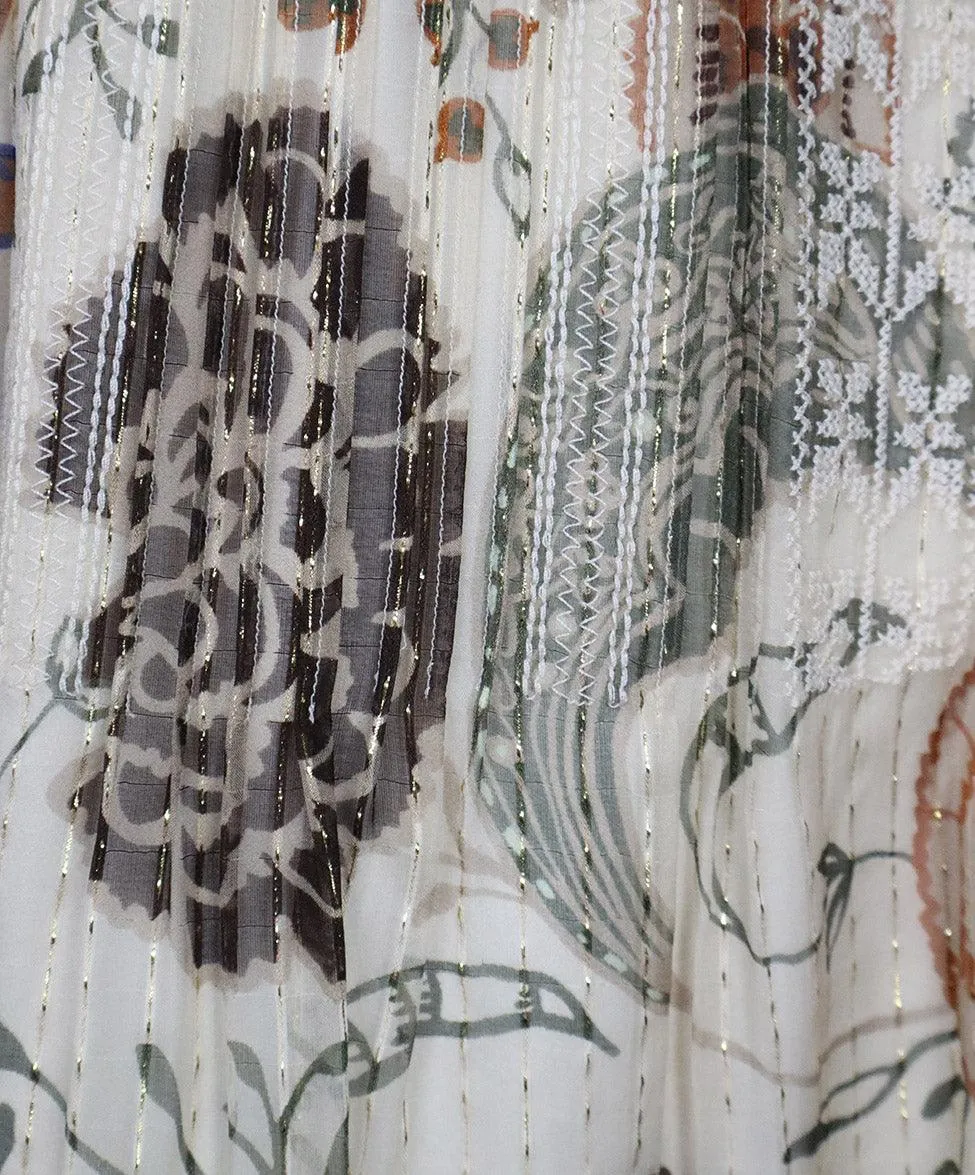 Lafayette Ivory Green & Rust Print Silk Lurex Dress sz 6