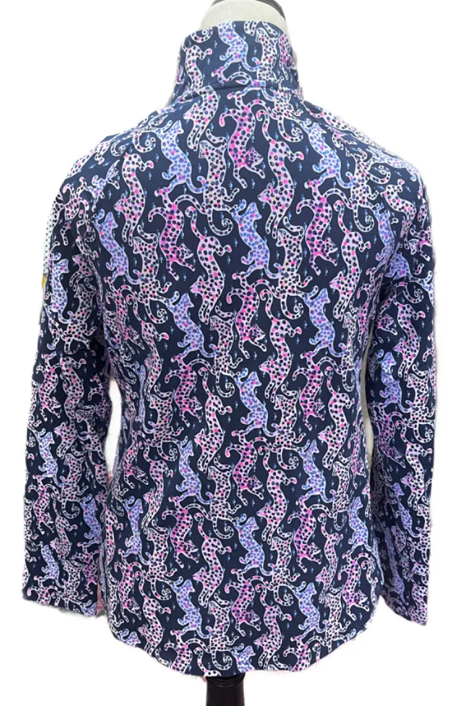 Lilly Pilitzer Navy Multicolored Jungle Cat Print 1/4 Zip Pullover Size S MSP$108