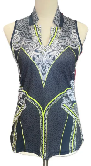 Lucky in Love Navy Collage Print w/ Neon Yellow Sleeveless Golf Top Size S MSP$72