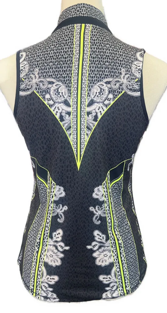 Lucky in Love Navy Collage Print w/ Neon Yellow Sleeveless Golf Top Size S MSP$72