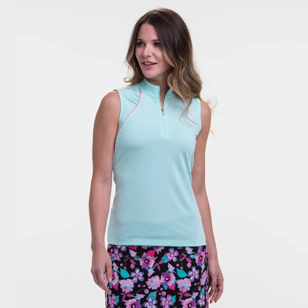 New EP NY Sleeveless Zip Mock Polo w/ Shirring Yoke Waterlily Multi. Size XXL. MSP$