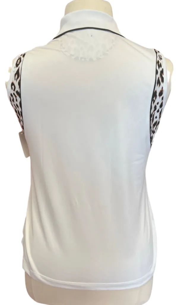 New Greg Norman White Sleeveless Golf Polo with Animal Print Trim Size XL MSP$69