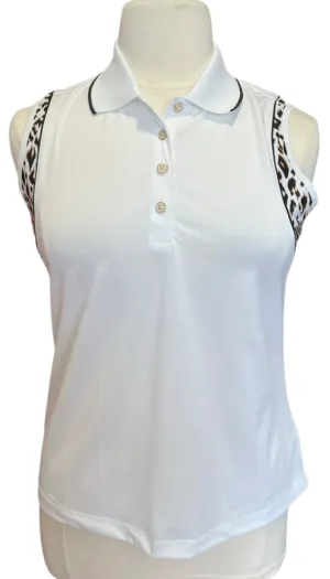 New Greg Norman White Sleeveless Golf Polo with Animal Print Trim Size XL MSP$69