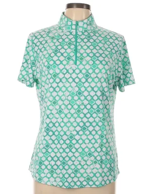 New Ibkul Green & White Print Short Sleeve Zip Mock Golf Top Size L MSP$89