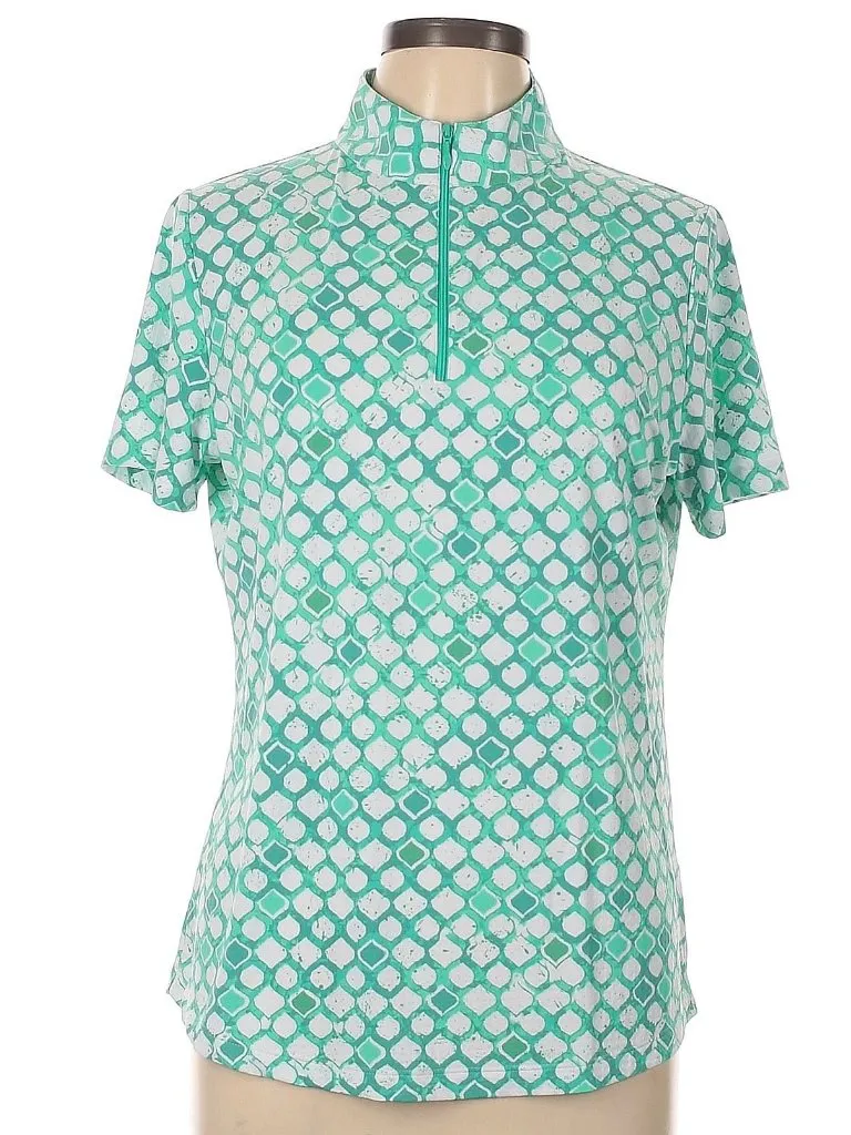 New Ibkul Green & White Print Short Sleeve Zip Mock Golf Top Size L MSP$89