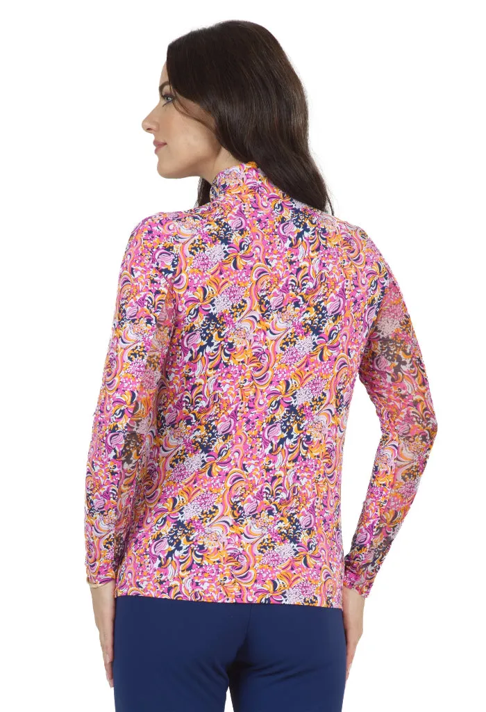 New Ibkul Hot Pink and Orange Peel Marissa 1/4 Zip Sunshirt Size S