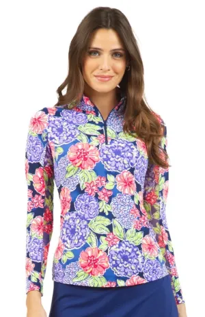 New Ibkul Larisa Navy Floral Long Sleeve Mock Golf Top MSP$98