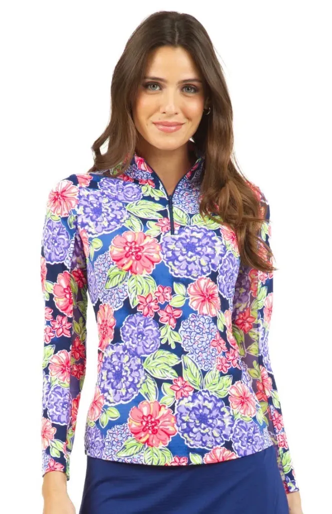 New Ibkul Larisa Navy Floral Long Sleeve Mock Golf Top MSP$98
