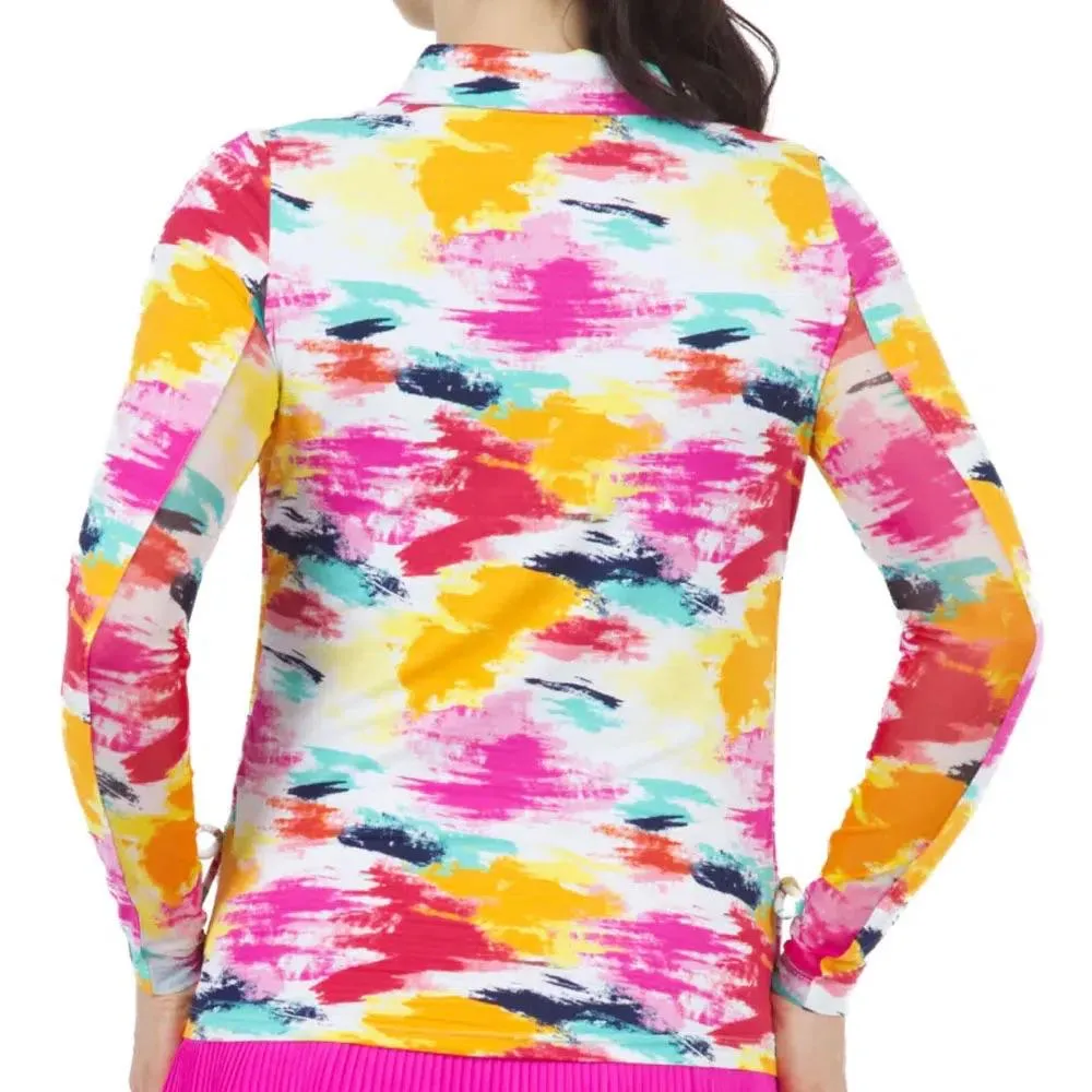 New Ibkul LS Adjustable 1/4 Zip Golf Polo - Matilda Print - Hot Pink Multi MSP$98