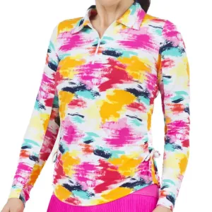 New Ibkul LS Adjustable 1/4 Zip Golf Polo - Matilda Print - Hot Pink Multi MSP$98