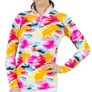 New Ibkul Matilda Print Long Sleeve Zip Mock Golf Top -Hot Pink Multi Size S MSP$98