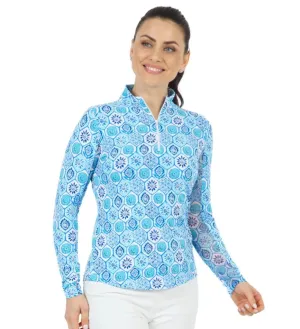 New Ibkul Terra Print Long Sleeve Mock Neck Golf Shirt - Blue Size L MSP$98