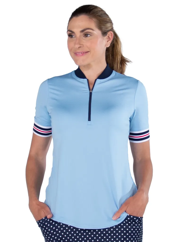 New Jofit Powder Blue Zip Polo w/ Navy, White & Red Ribbed Details Size S. MSP$88
