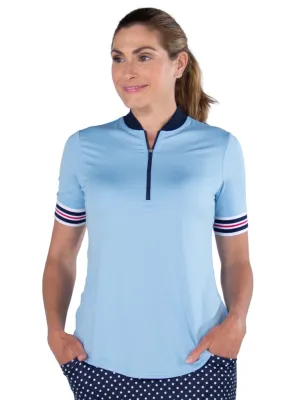 New Jofit Powder Blue Zip Polo w/ Navy, White & Red Ribbed Details Size S. MSP$88