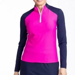 New Kinona Sport Cap to Tap Long Sleeve Golf Top Size S - Pink/Navy MSP$124