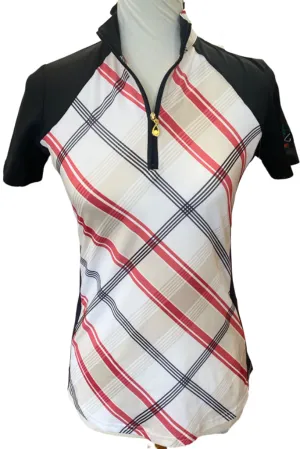 New San Soleil Short Sleeve Zip Mock Plaid Top w/ Sleeve Logo Size XS MSP$90