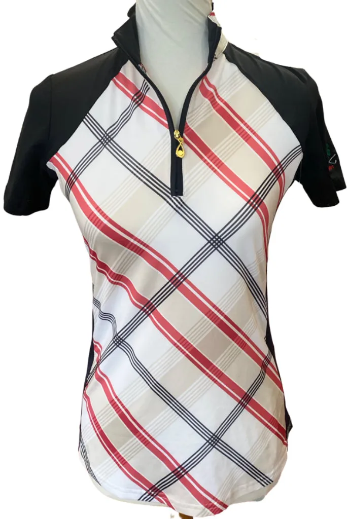 New San Soleil Short Sleeve Zip Mock Plaid Top w/ Sleeve Logo Size XS MSP$90